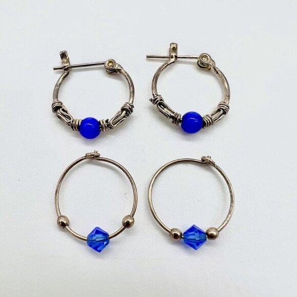 Vintage Silver Tone Hoop Earrings Blue Bead Wire Wrap Boho Gypsy Style Pair - Picture 1 of 9